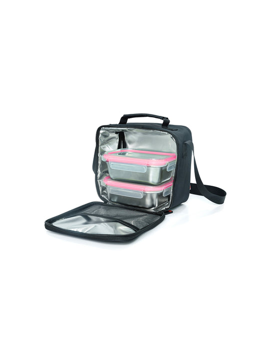 BOLSA TÉRMICA NEGRA + 2 CONTENEDORES INOX 700ml (APTO HORNO/MICRO)